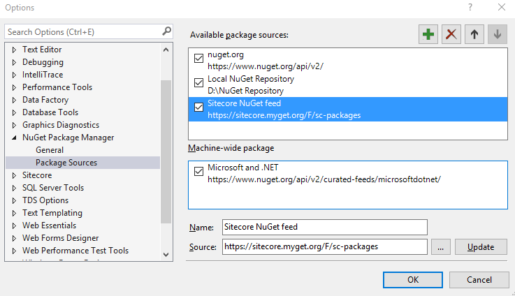 Connect to the Sitecore NuGet Feed from within Visual Studio Options 
